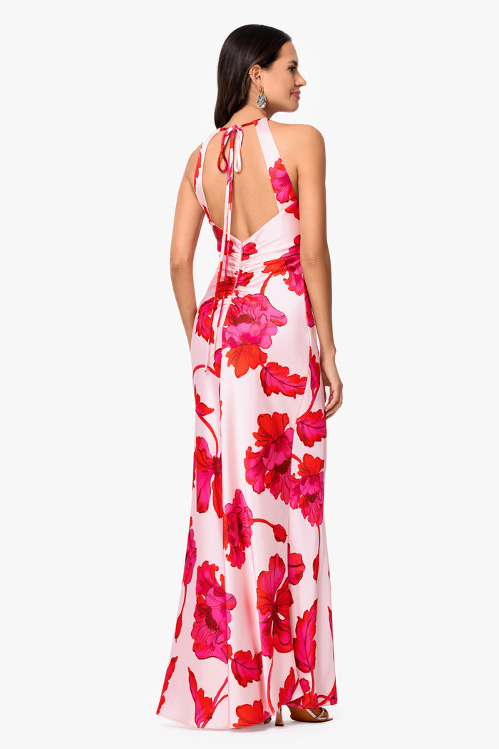 Red/Pink “Sienna” Printed Satin Tie Neck Dress, back view with tie-neck detail