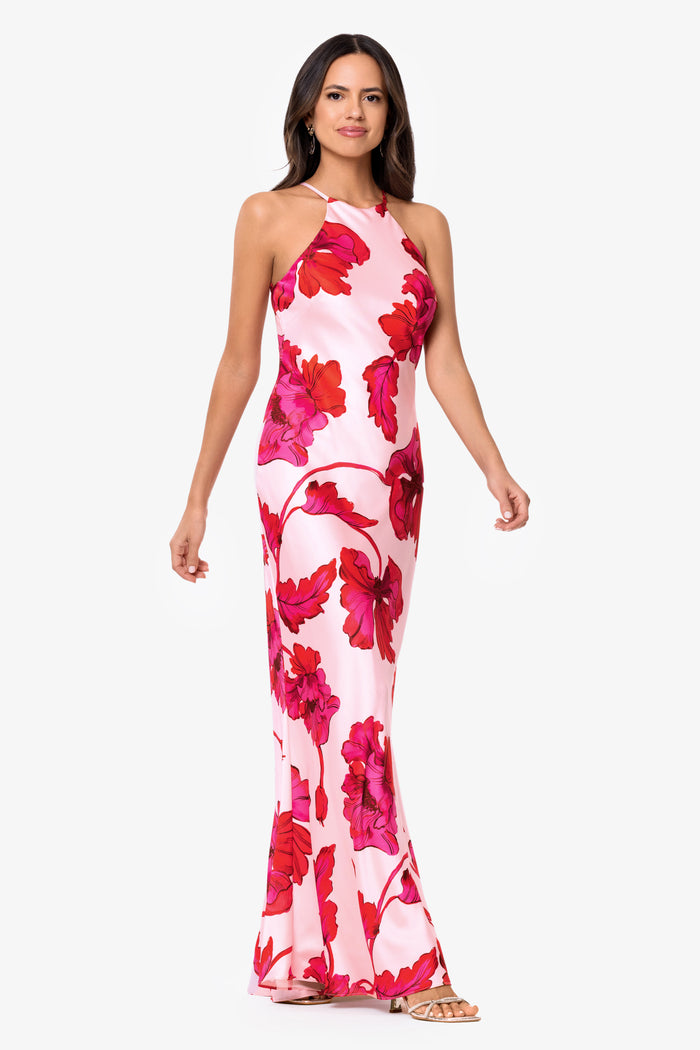 Red/Pink “Sienna” Printed Satin Tie Neck Dress, angled three-quarter view