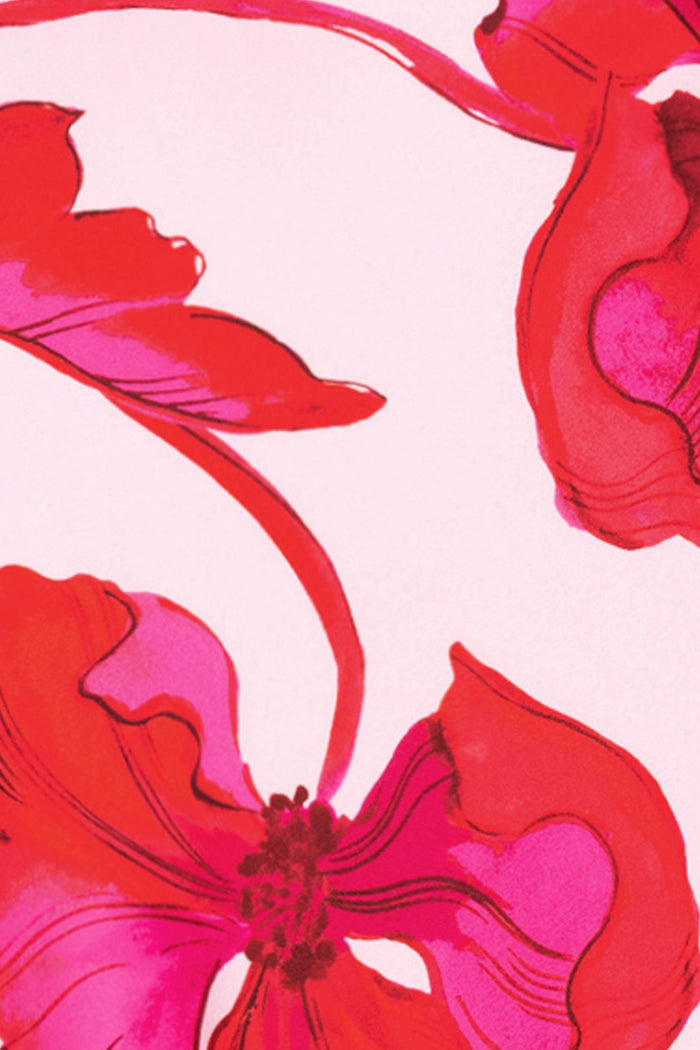 Red/Pink “Sienna” Printed Satin Tie Neck Dress, floral satin fabric detail