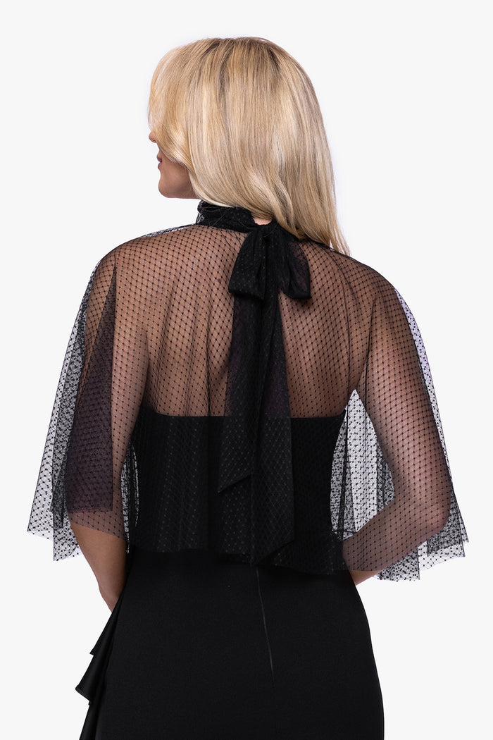 Black “Sonia” Mesh High Neck Tieback Capelet, back view with neck tie