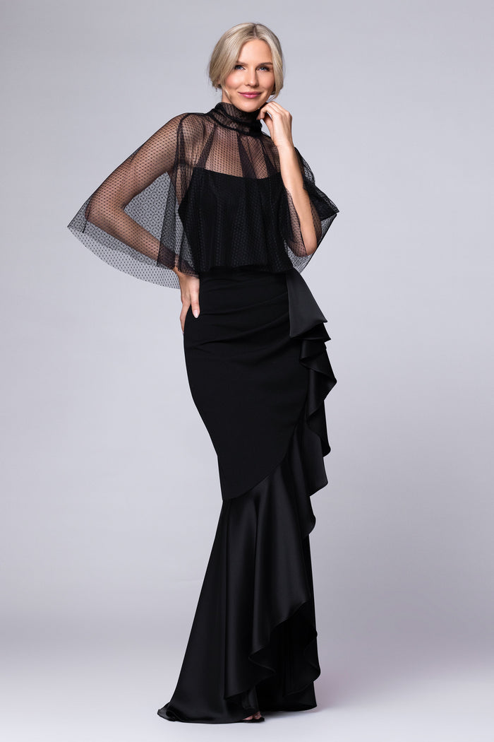 Black “Sonia” Mesh High Neck Tieback Capelet, full-length styled front view