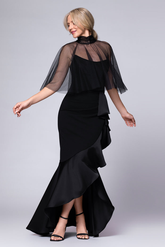 Black “Sonia” Mesh High Neck Tieback Capelet, full-length angled three-quarter view with cape movement