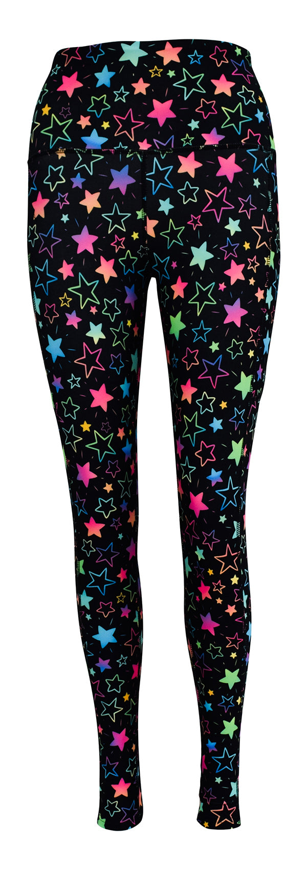 Black leggings with rainbow starburst pattern and deep side pockets, Starburst + Pockets design