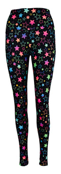 Black leggings with rainbow starburst pattern and deep side pockets, Starburst + Pockets design