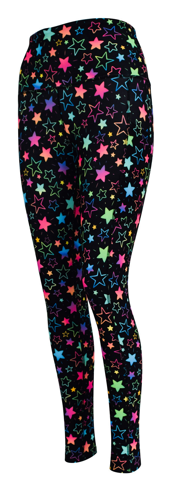 Black leggings with colorful starburst pattern and deep side pockets