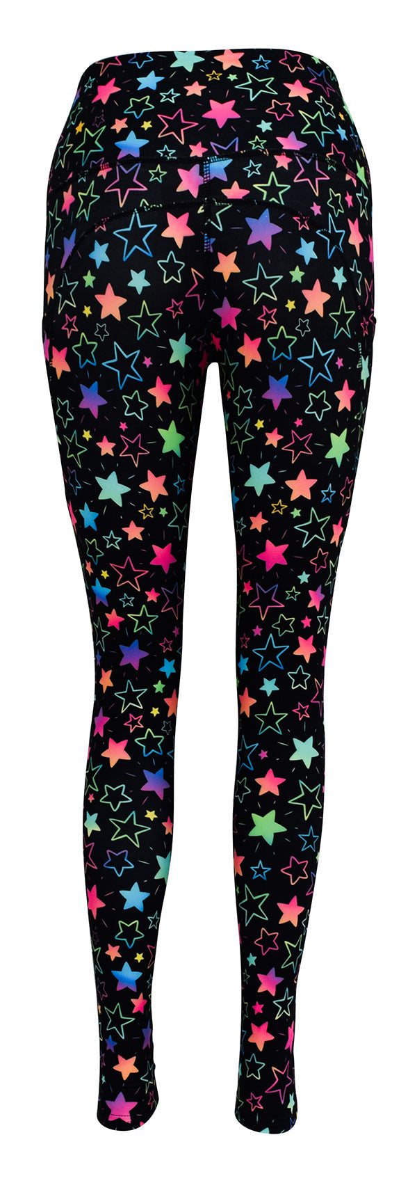 Black leggings with rainbow starburst pattern and deep side pockets, structured fit Starburst + Pockets