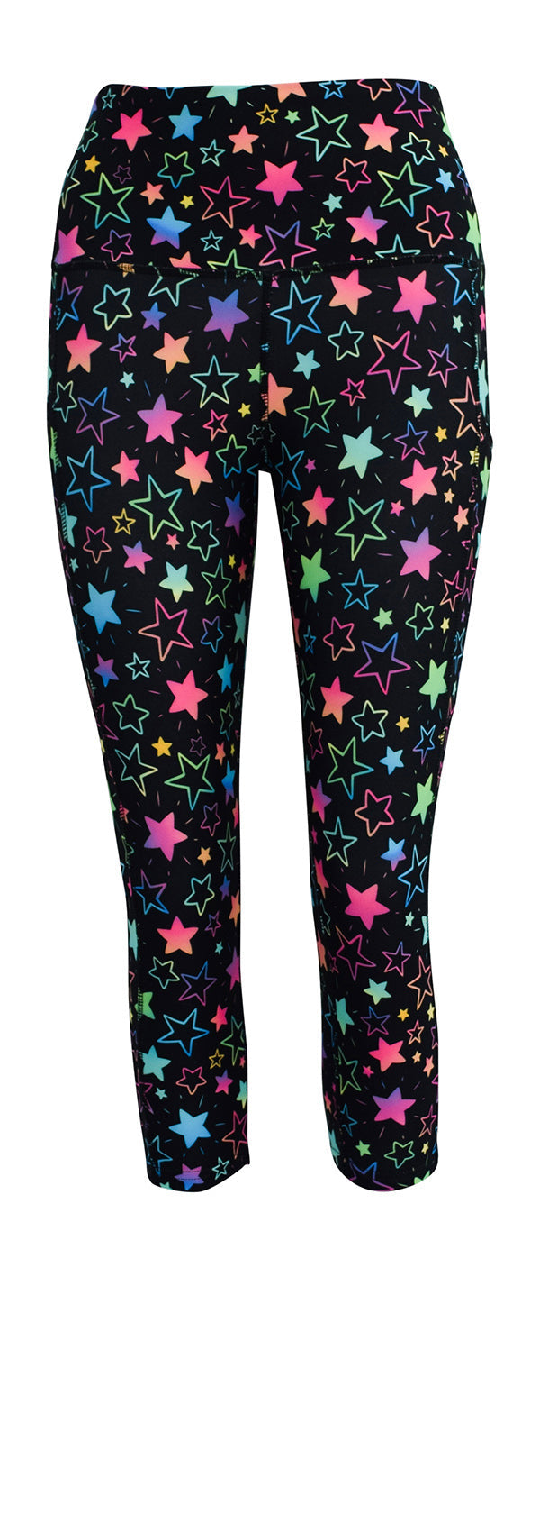 Black leggings with colorful starburst pattern and deep side pockets