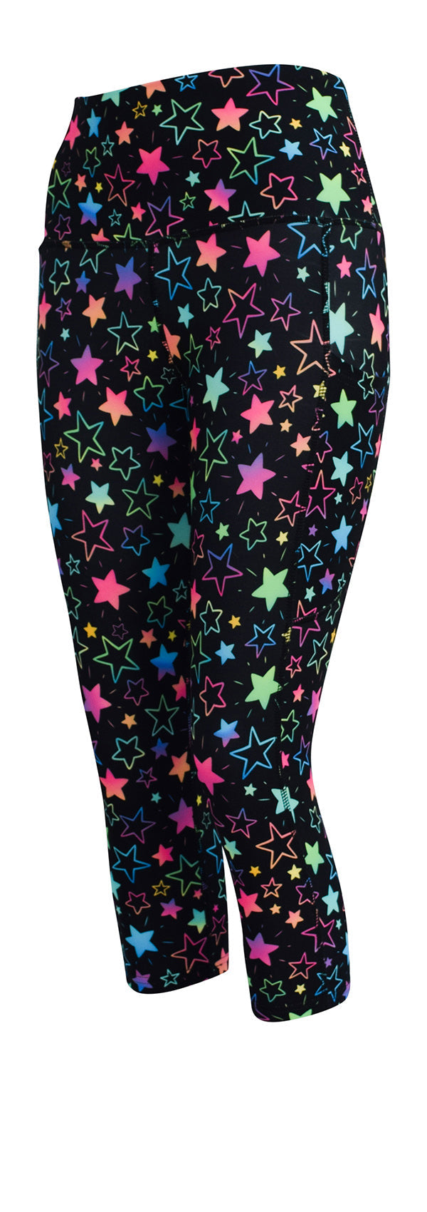 Colorful starburst patterned leggings with deep side pockets and structured stitching