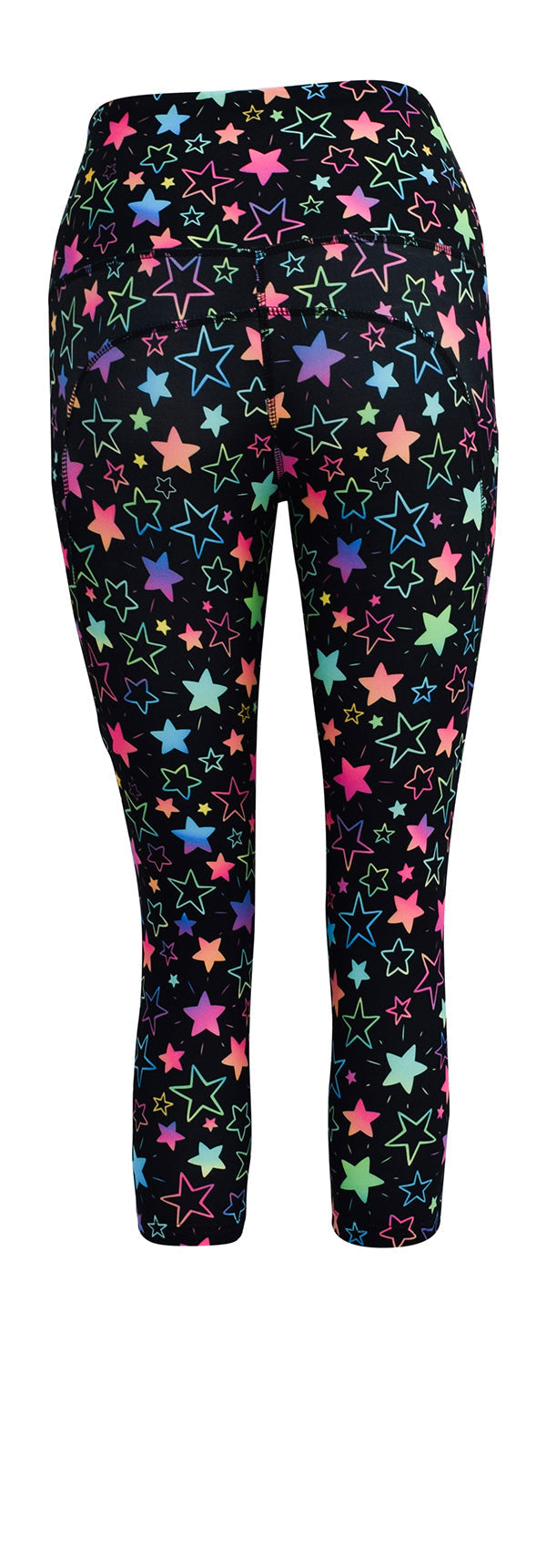 Black leggings with colorful starburst pattern and deep side pockets