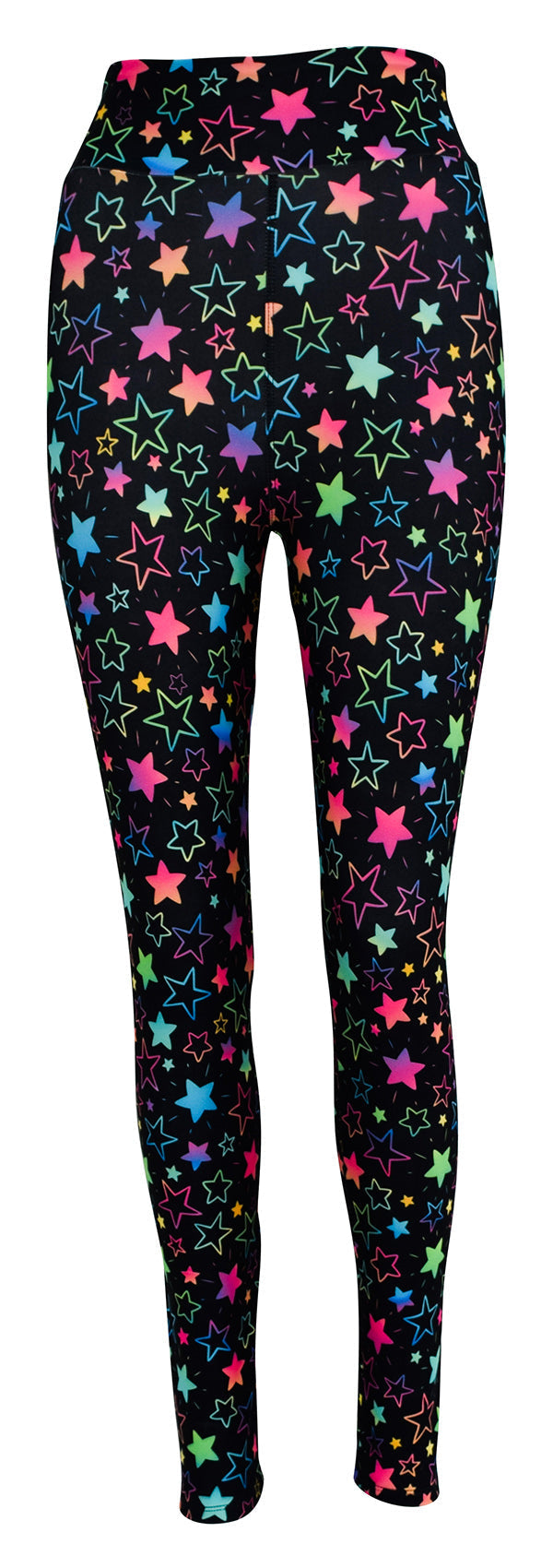 Black leggings with colorful rainbow starburst pattern