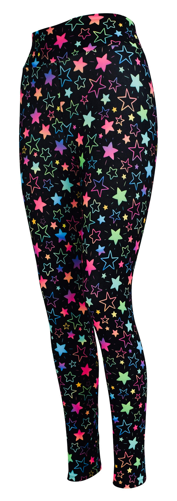 Leggings with a colorful rainbow starburst pattern on a black background