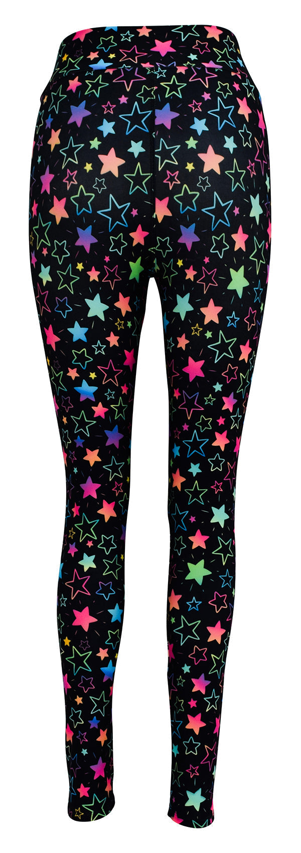 Black leggings with multicolored rainbow starburst pattern