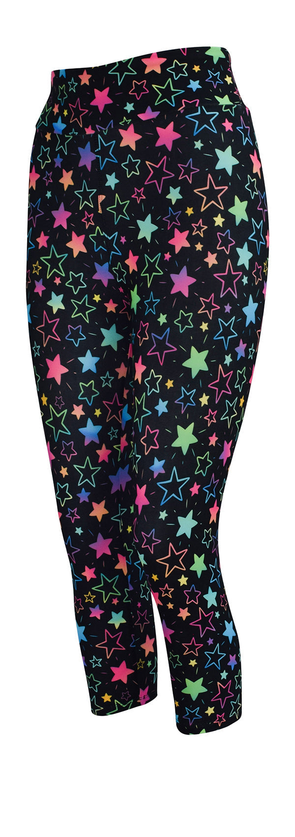 Black leggings with colorful rainbow starburst pattern