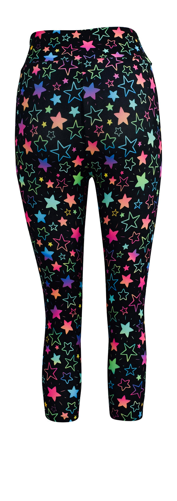 Black leggings with a colorful rainbow starburst pattern