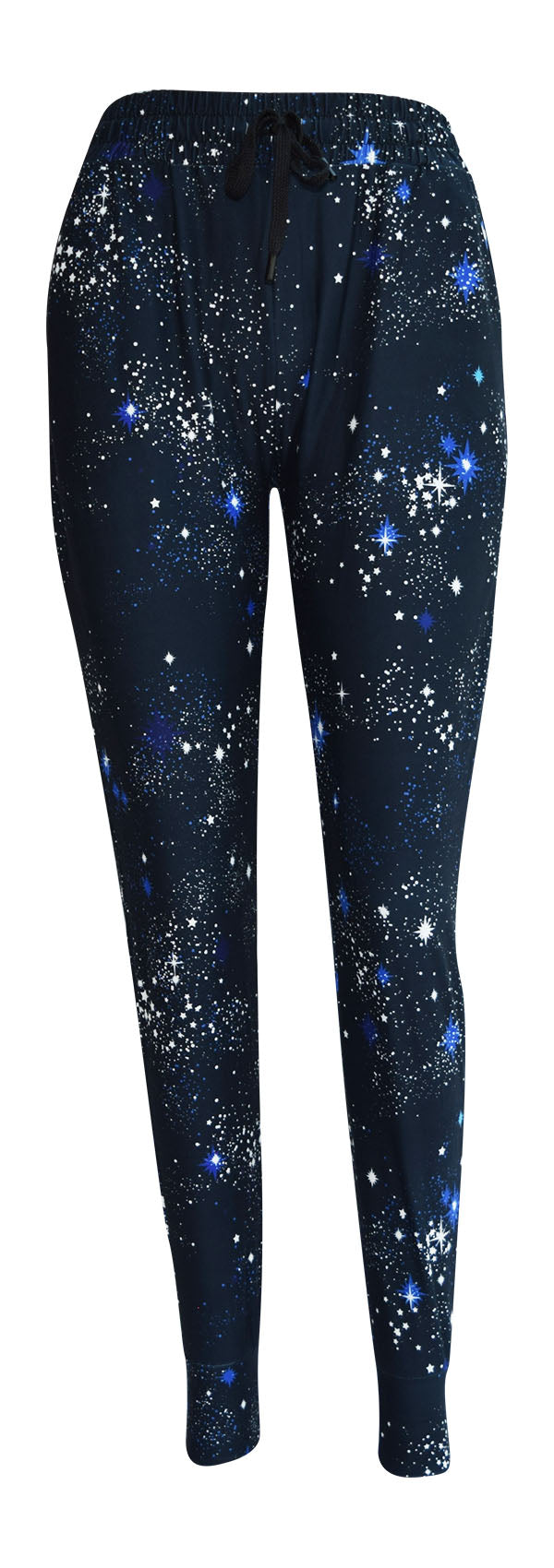 Starry Night Joggers in dark blue with starburst pattern, slim fit, cuffed bottoms, drawstring waist, and pockets