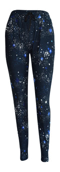 Starry Night Joggers in dark blue with starburst pattern, slim fit, cuffed bottoms, drawstring waist, and pockets