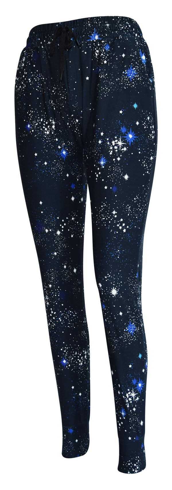 Slim fit Starry Night Joggers in blue with starburst print, drawstring waist, cuffed bottoms, and pockets.