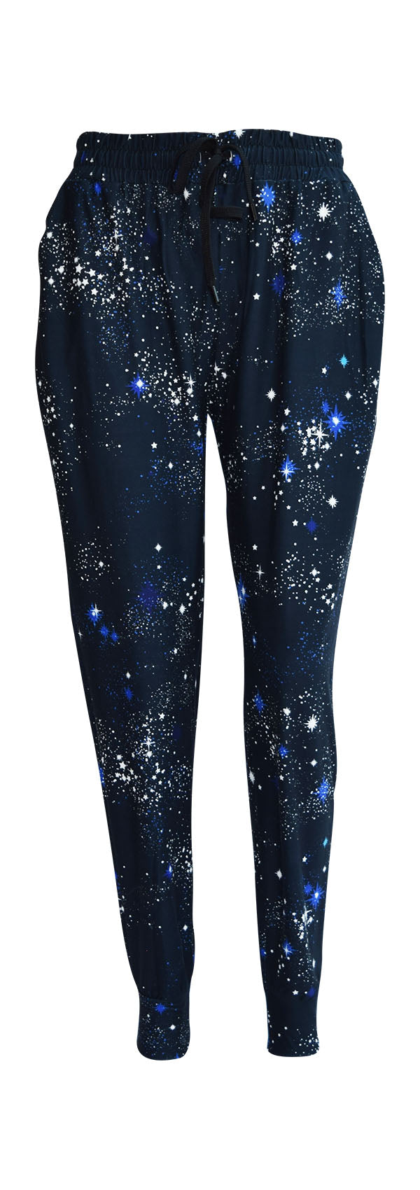 Slim fit Starry Night Joggers in soft blue fabric with star burst pattern, cuffed bottoms, drawstring waist, and pockets