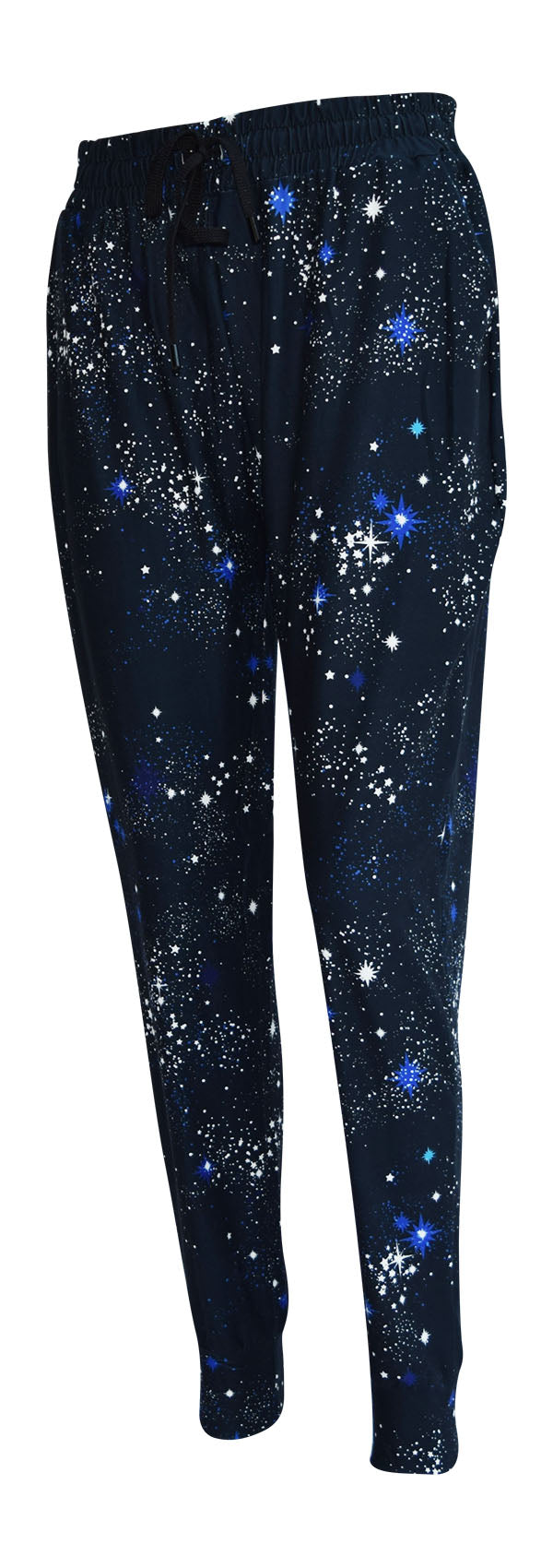 Slim fit Starry Night Joggers in soft blue fabric with starburst pattern, cuffed bottoms, drawstring waist, and pockets.