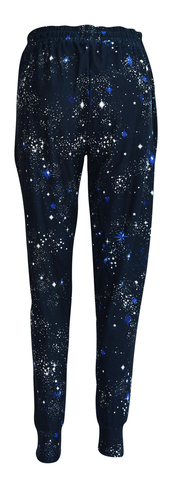 Slim fit Starry Night Joggers in blue with starburst print, cuffed bottoms, drawstring waist, and pockets.