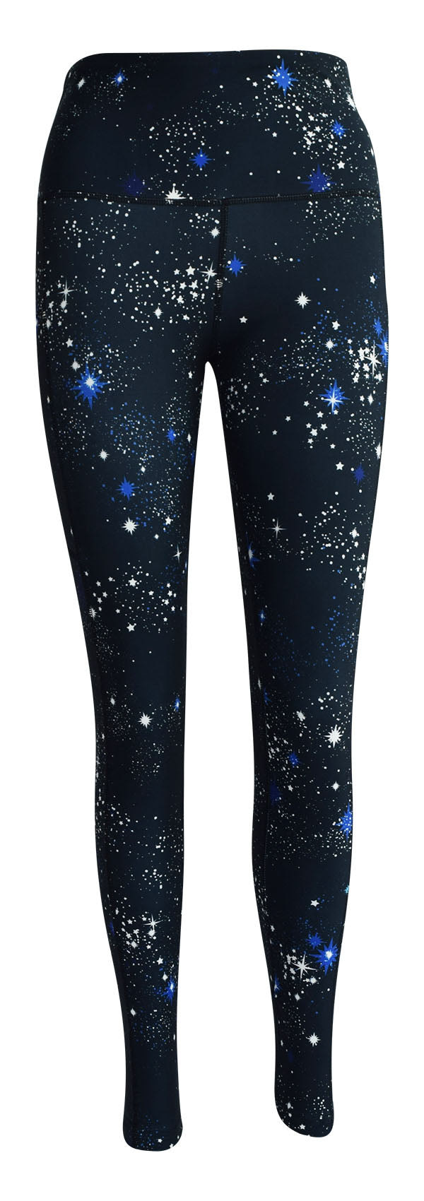 Starry Night + Pockets leggings in deep blue-black with starburst print and side pockets for keys and phone.