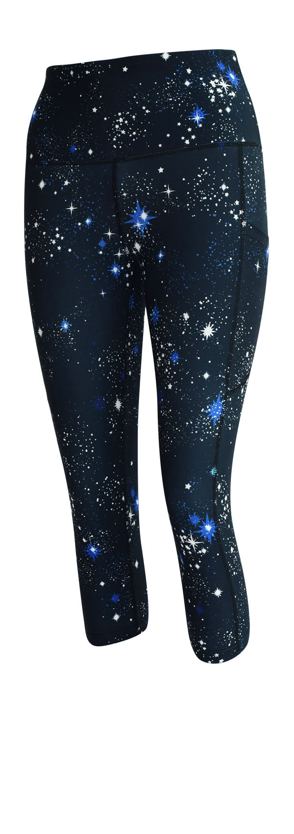Black and blue Starry Night leggings with starburst pattern and deep side pockets