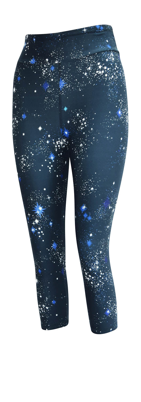 Blue leggings with starry night pattern and subtle star bursts design