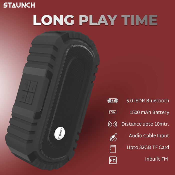 Staunch Thunder 1600 Wireless Portable 16W Bluetooth Speaker up to 8 Hours Long Play Time and FM Support (Black) - Unboxify