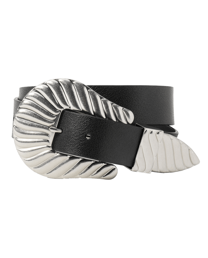 The GREAT. STETSON SP26 Big Buckle Belt in black features top-grain leather and a large silver oversized buckle with a matching wing-inspired ridged silver tip.