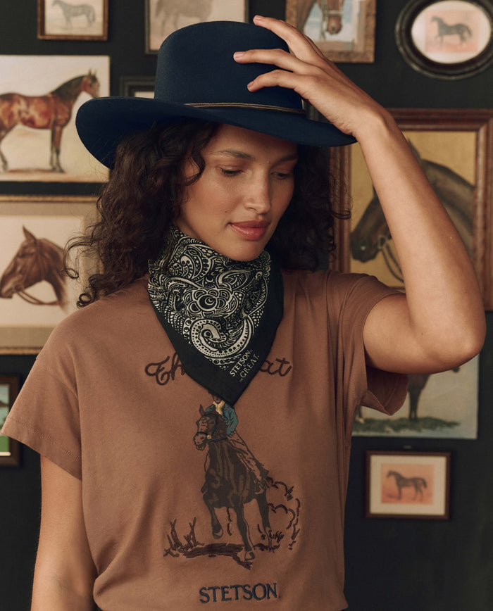 A person wearing THE GREAT. F26 STETSON’s The Stetson Western Paisley Scarf in black and a wide-brim Stetson collaboration hat, along with a brown horse graphic t-shirt, stands in front of a wall decorated with framed horse pictures.