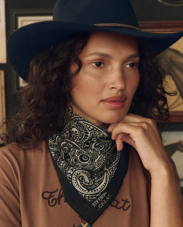 A person wearing a black cowboy hat, a brown shirt, and The Stetson Western Paisley Scarf in Black by THE GREAT. F26 STETSON poses indoors with their hand resting on their chin.