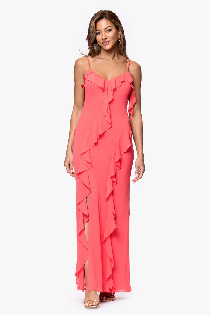 Coral “Summer” Chiffon Ruffle Dress, front view