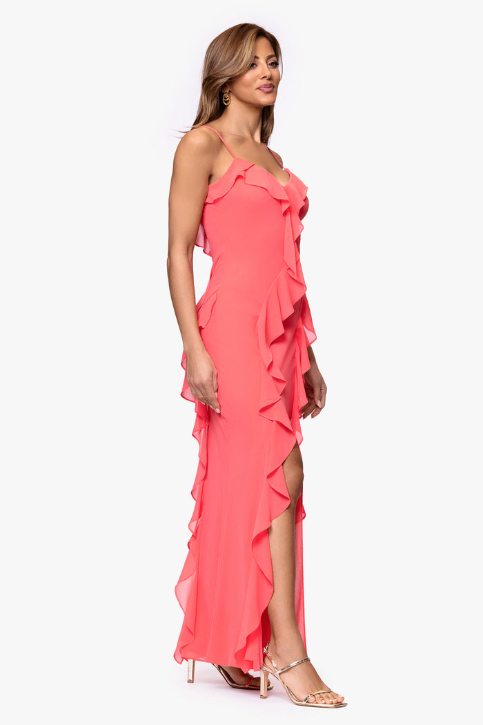 Coral “Summer” Chiffon Ruffle Dress, angled three-quarter view with cascading ruffles