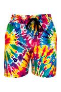 Colorful rainbow tie dye jogger shorts with adjustable black drawstring waistband and side pockets.