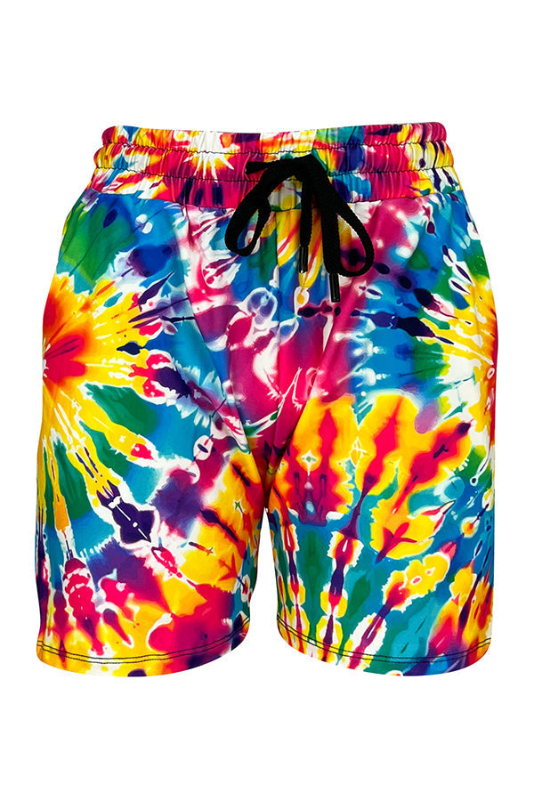 Colorful rainbow tie dye jogger shorts with adjustable black drawstring waistband and side pockets.