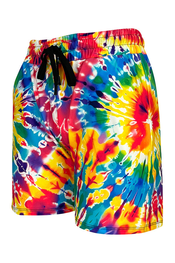 Colorful rainbow tie dye jogger shorts with adjustable black drawstring waistband and side pockets for summer comfort and style