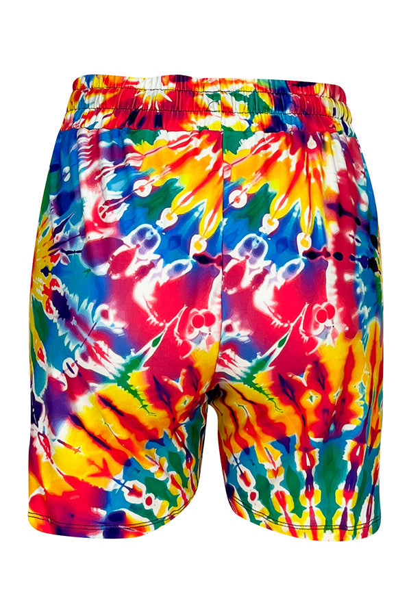 Colorful rainbow tie dye jogger shorts with stretchy waistband and side pockets for comfortable summer wear