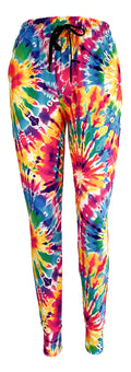Colorful summer tie dye joggers with slim fit, elastic waistband, cuffed ankles, and side pockets for comfort and style.