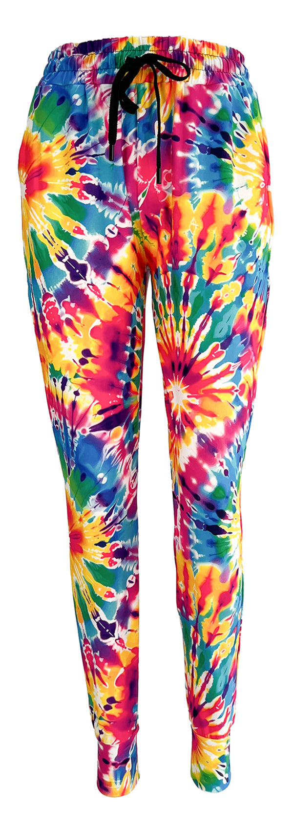 Colorful summer tie dye joggers with slim fit, elastic waistband, cuffed ankles, and side pockets for comfort and style.
