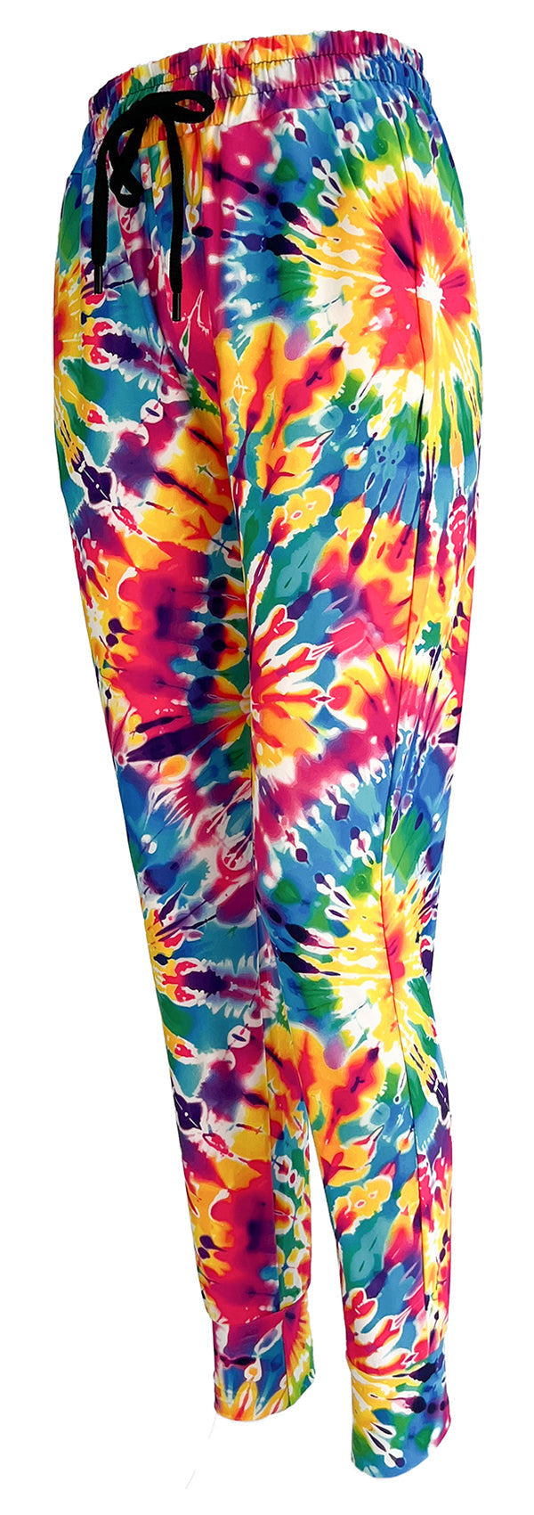 Colorful summer tie dye joggers with elastic waistband and cuffed ankles, featuring vibrant rainbow spiral patterns and side pockets.