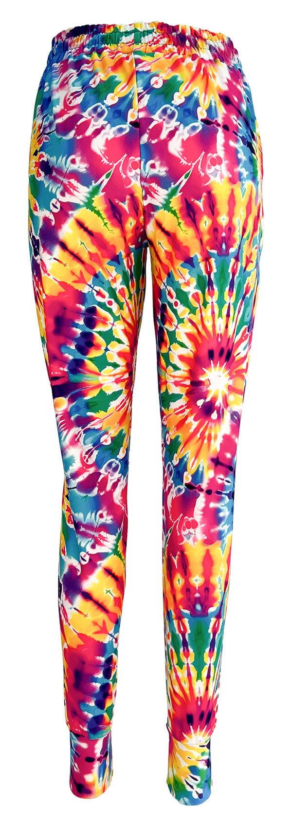 Bright multicolor tie dye joggers with slim fit, elastic waistband, cuffed ankles, and side pockets for casual comfort and style