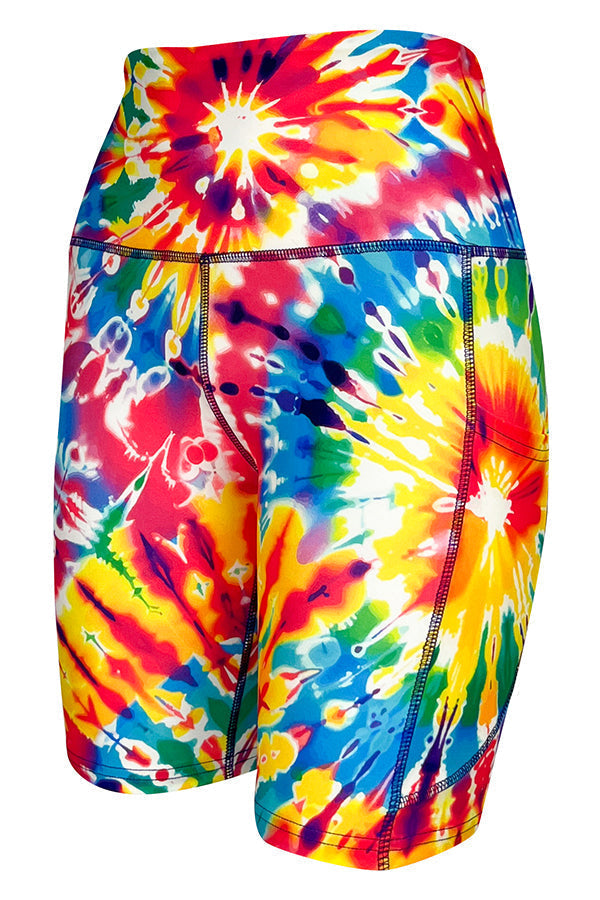 Colorful summer tie dye gym shorts with pockets and slim fit design.