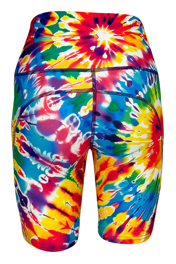 Colorful rainbow tie dye gym shorts with pockets and slim fit for summer activewear
