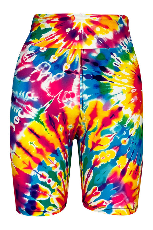 Colorful tie dye tight shorts with elastic waistband for summer activities and comfortable fit