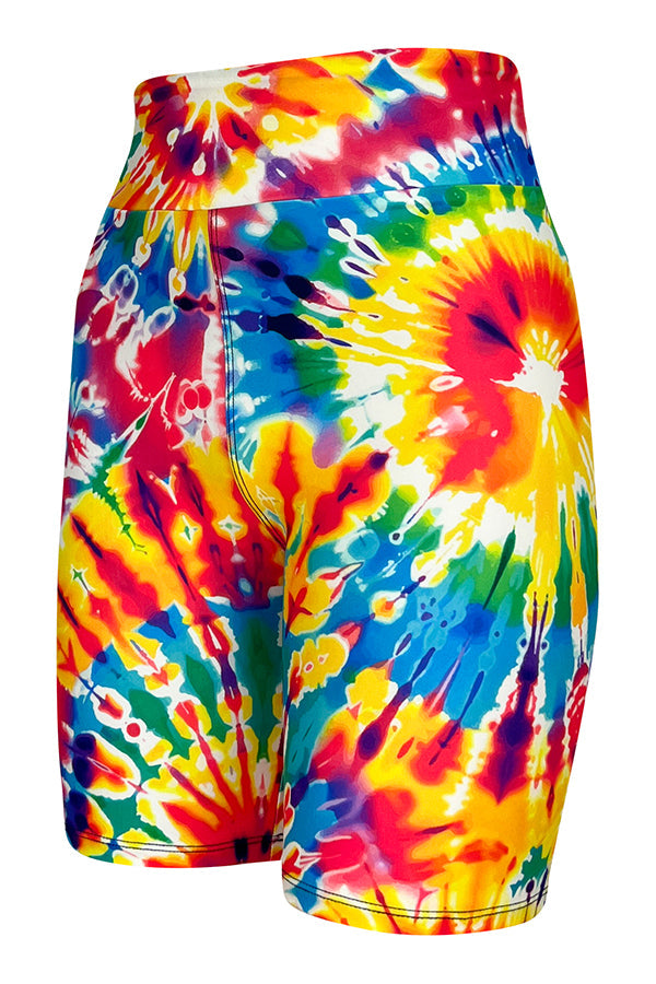 Colorful tie dye tight shorts with elastic waistband, lightweight and breathable for summer wear.