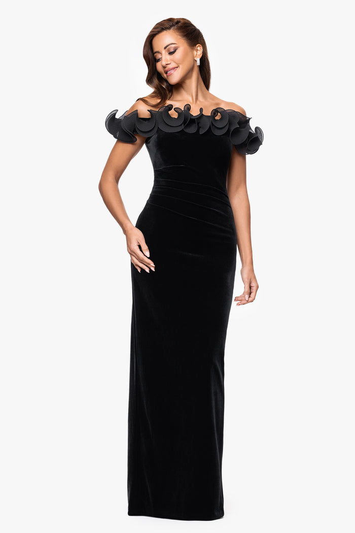 Black “Tammie” Velvet Off the Shoulder Ruffle Dress, front view