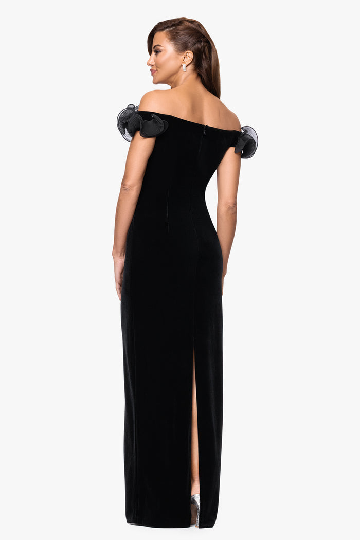 Black “Tammie” Velvet Off the Shoulder Ruffle Dress, back view with slit