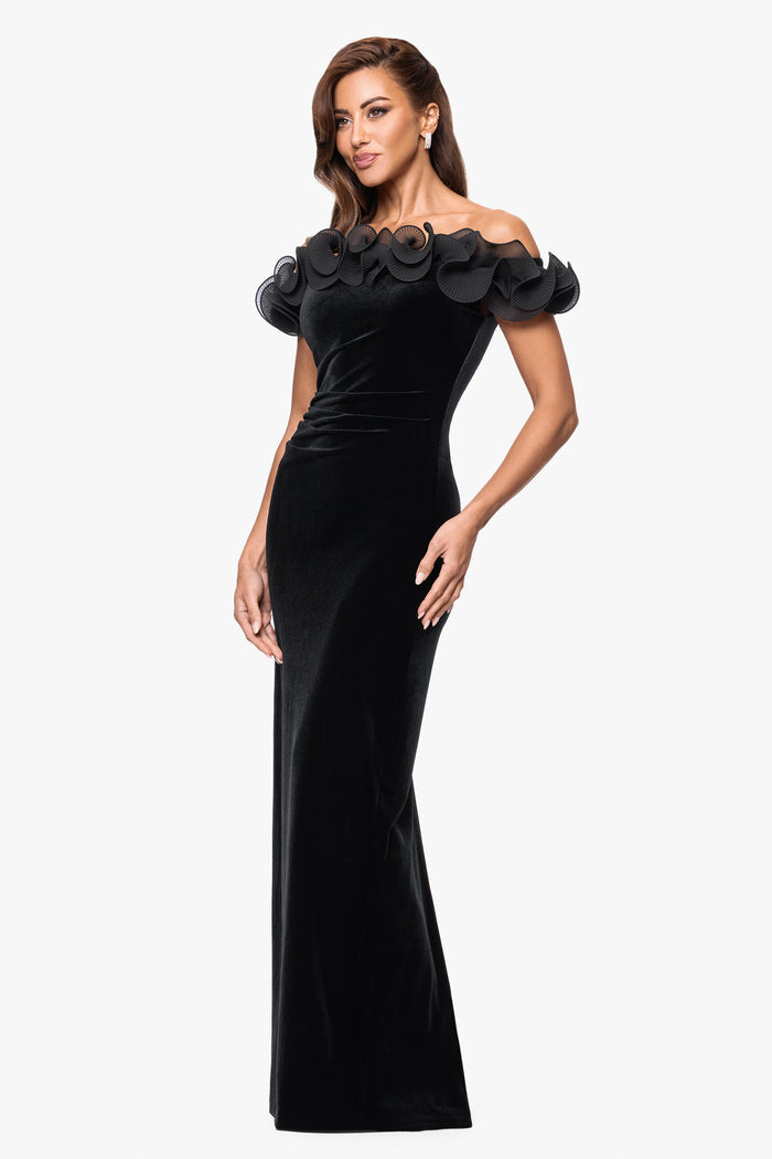 Black “Tammie” Velvet Off the Shoulder Ruffle Dress, angled three-quarter view