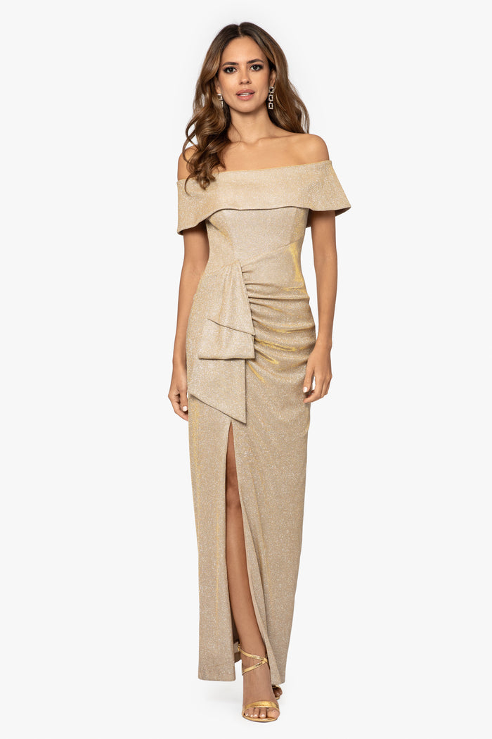Gold/Silver “Tessa” Glitter Off the Shoulder Ruffle Dress, front view