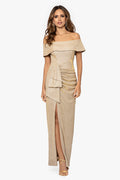 Gold/Silver “Tessa” Glitter Off the Shoulder Ruffle Dress, front view